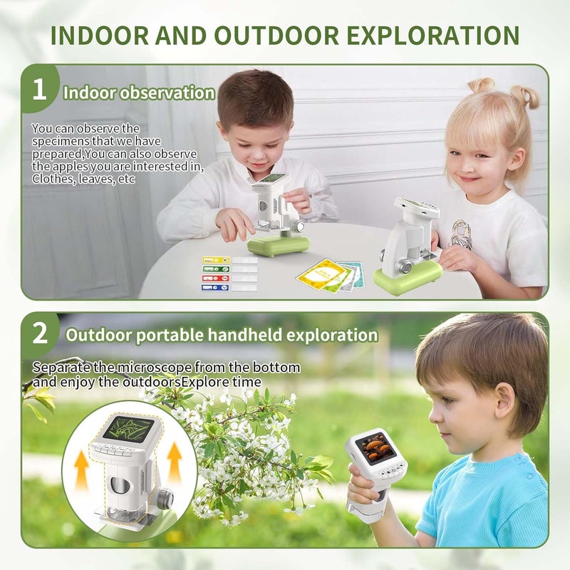 WSDMIC 1200X Microscope for Kids with 2 inch Screen STEM Digital Science Kit Rechargeable Handheld Mini Pocket Children Students Slides Portable Gift for Kids Ages 6 to 12 (Green) - Image 3